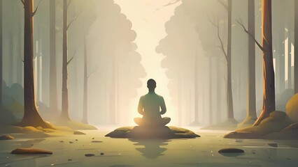 Wall Mural - Minimal illustration of a person practicing mindfulness and meditating in a quiet forest.