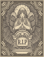 Wall Mural - Illustration vector angels praying at the tombstone with engraving ornament frame