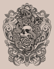 Wall Mural - Illustration vintage skull snake rose with engraving ornament