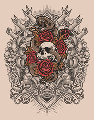 Wall Mural - Illustration vintage skull snake rose with engraving ornament