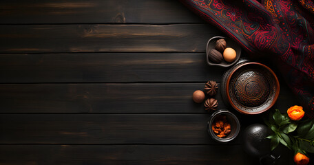 Wall Mural - Ramadan Background with copy space - Top View of a black wooden table with Arabian traditional fabrics