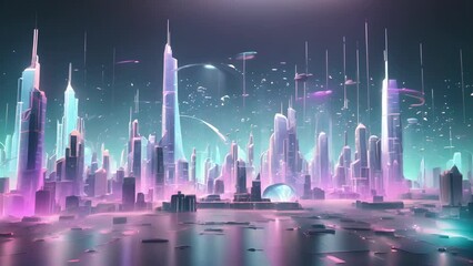 Wall Mural - Minimal animation of a futuristic cityscape with holographic buildings rising and falling in a neverending loop.