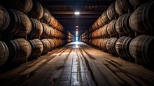 Whiskey, Bourbon, Scotch Or Wine Barrels In An Aging Facility. Wooden Wine Barrels In Perspective. Wine Vaults. Vintage Oak Barrels Of Craft Beer Or Brandy.