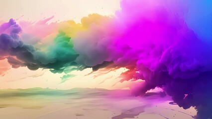 Wall Mural - Minimal animation of a paintbrush creating a watercolor landscape, the colors blending and spreading across the canvas.