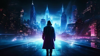 Wall Mural - A figure wearing a virtual reality headset and a cloak walking through a neonlit city with a suitcase filled with stolen cyberpunk ar