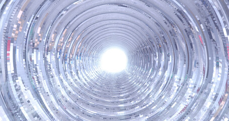 Poster - Abstract metallic shiny silver chrome polyhedral tunnel frame made of lines of hexagonal edges, mechanical high-tech tunnel futuristic, abstract background