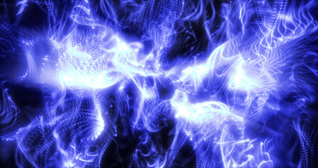 Poster - abstract blue waves and smoke from particles of energy magical bright glowing liquid, background