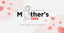 Mother's Day Greeting Card. Vector Banner With The Girl And Flying Pink Paper Hearts. One-line Minimalist Style Illustration For Banner.