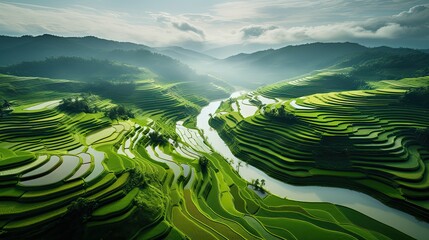 An aerial view of a vast and lush rice field