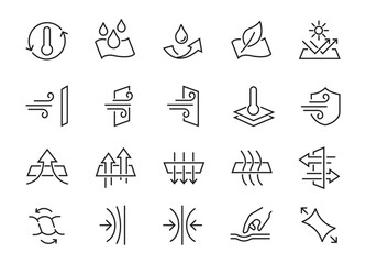 Set of Fabric Properties Related Vector Line Icons. Contains such Icons as Stretching, Windproof, Breathable and more. Editable Stroke.