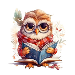  Watercolor cute clipart owl in glasses reading a book on transparent background. sublimation, tshirt, mug, pillow, tumbler, print