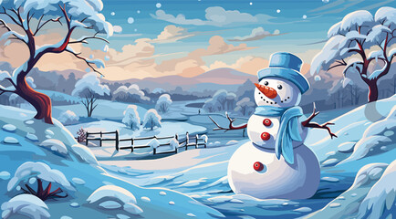 Wall Mural - winter wonderland landscape with a charming snowman as the subject. intricate details in the snowflakes and the snowman's accessories, all in harmonious and festive colors