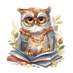 Watercolor cute clipart owl in glasses reading a book on transparent background. sublimation, tshirt, mug, pillow, tumbler, print