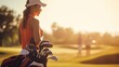 Professional female golfer takes golf clubs from golf bag to play a competitive game on the course.