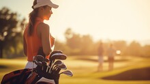 Professional Female Golfer Takes Golf Clubs From Golf Bag To Play A Competitive Game On The Course.