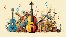 Music Vector Instruments Vector Composition Featuring A Variety Of Musical Instruments Like Guitars, Pianos, And Saxophones. Color Musical Instrument Colors And Harmonious Musical Notes