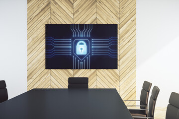 Poster - Creative lock sketch with chip hologram on presentation monitor in a modern boardroom, protection of personal data concept. 3D Rendering