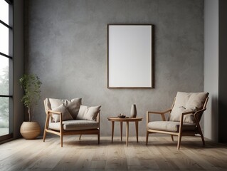 Wall Mural - Canvas mockup in minimalist interior background with armchair and rustic decor