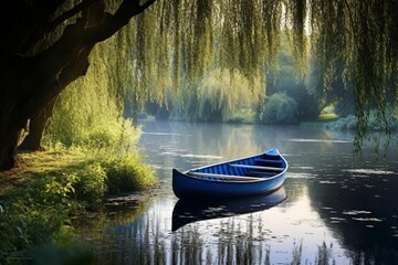 Wall Mural - A tranquil riverside scene with a wooden rowboat nestled among water lilies, surrounded by weeping willows and reeds