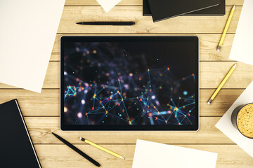 Aufkleber - Creative abstract technology sketch on modern digital tablet screen, future technology and AI concept. Top view. 3D Rendering