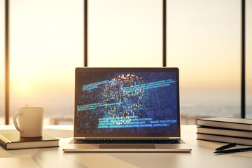 Poster - Modern computer monitor with creative code skull hologram. Malware and cyber crime concept. 3D Rendering