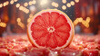 Vivid grapefruit slice with a bokeh backdrop.