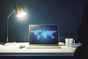 Aufkleber - Modern computer display with abstract graphic world map, big data and networking concept. 3D Rendering
