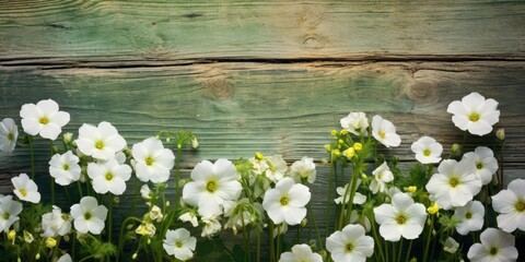 Wall Mural - Spring floral background. Green border of white forest flowers primrose in nature and old wooden light rustic boards in vintage style. Texture of fresh forest greenery, copy space