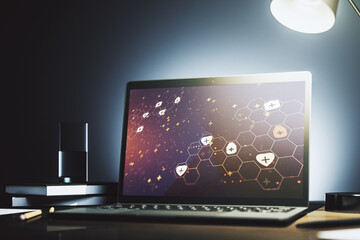 Poster - Creative abstract medical sketch on modern laptop monitor, Medicine and healthcare concept. 3D Rendering