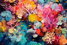 A Top-down View Of A Vibrant Coral Reef, Teeming With A Kaleidoscope Of Marine Life Beneath The Crystal-clear Ocean Surface