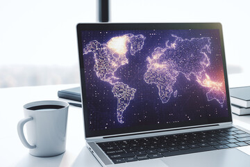 Aufkleber - Abstract digital world map on modern computer monitor, big data and blockchain concept. 3D Rendering