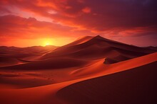 A Fiery Red And Orange Sky Over A Vast Desert, With Towering Sand Dunes Casting Long Shadows In The Fading Light