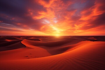 Wall Mural - A fiery red and orange sky over a vast desert, with towering sand dunes casting long shadows in the fading light