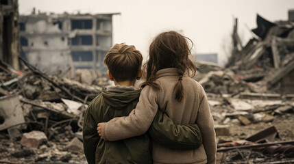 Back view of two children hugging each other with fear and lonely, among the wreckage of a war-torn city.