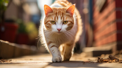 Wall Mural - Frontal shot of a ginger cat walking down the street