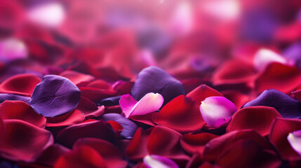 Pink and red roses petals on a bokeh background.