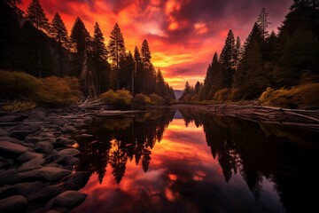 Wall Mural - A gentle curve of a river reflecting the fiery hues of a sunset, framed by ancient redwood trees