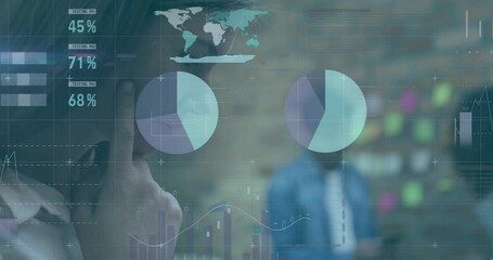 Poster - Animation of financial data processing over diverse business people in office