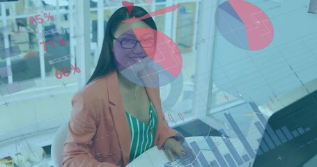 Poster - Animation of financial data processing over asian businesswoman in office