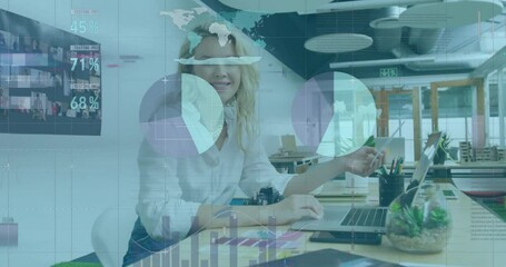 Poster - Animation of financial data processing over caucasian businesswoman in office
