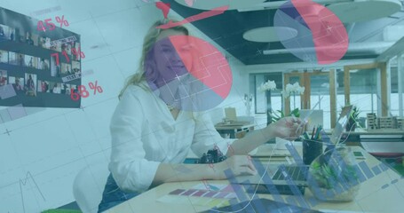 Poster - Animation of financial data processing over caucasian businesswoman in office