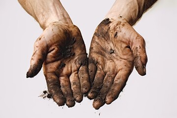 Wall Mural - Dirty hands concept. Hands of person are prominently featured showcasing dirt mud and grime. Close up shot emphasizes rugged nature of worker hands suggesting engagement in laborious or outdoor