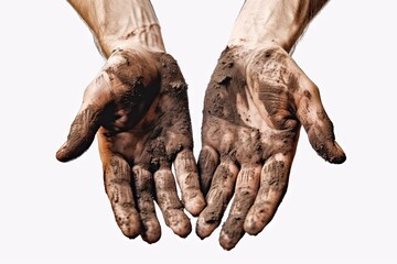 Wall Mural - Dirty hands concept. Hands of person are prominently featured showcasing dirt mud and grime. Close up shot emphasizes rugged nature of worker hands suggesting engagement in laborious or outdoor