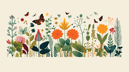 Wall Mural - vector artwork inspired by the concept of biodiversity. The subject, an array of diverse flora and fauna, occupies a clean background.