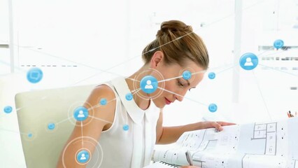 Poster - Animation of network of connections with icons over caucasian businesswoman in office