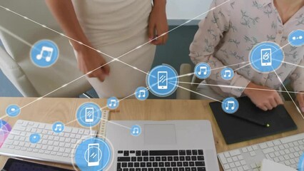 Aufkleber - Animation of network of connections with icons over diverse business people in office
