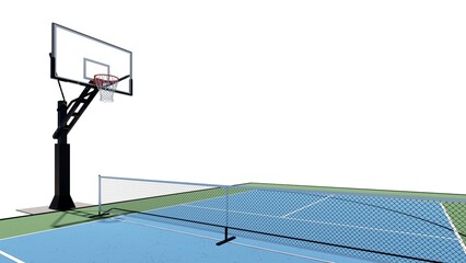 3d render combination basketball and pickleball court