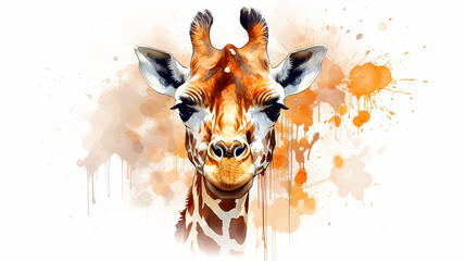 Wall Mural - giraffe portrait, watercolor illustration on a white background, liquid paint spots, print for design