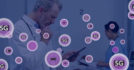 Poster - Animation of network of connections with icons over caucasian male docto using smartphone