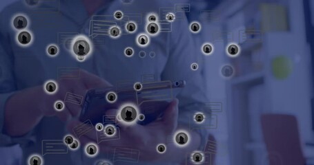 Poster - Animation of network of connections with icons over caucasian man using tablet